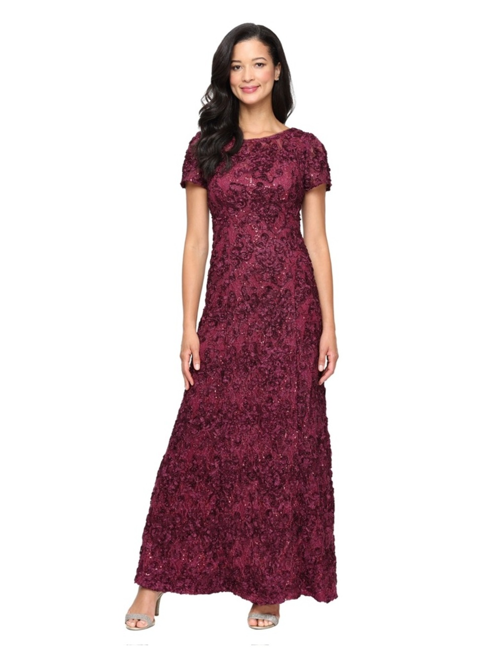ALEX Evening EVELYN ROSETTE LACE LONG GOWN Petite evening gown